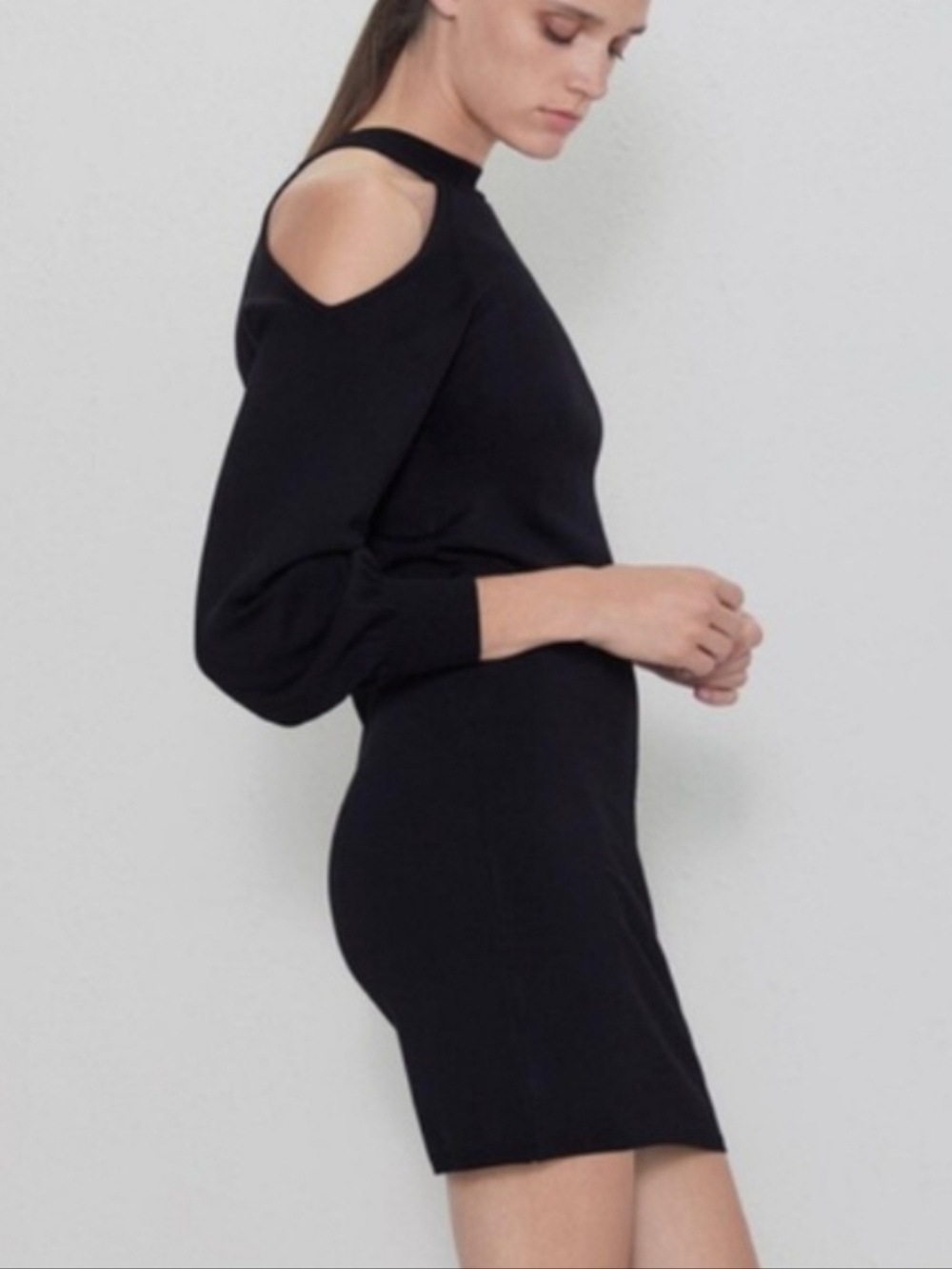 Zara Black Cold-Shoulder Ribbed Knit Mini Dress - Picture 3 of 5